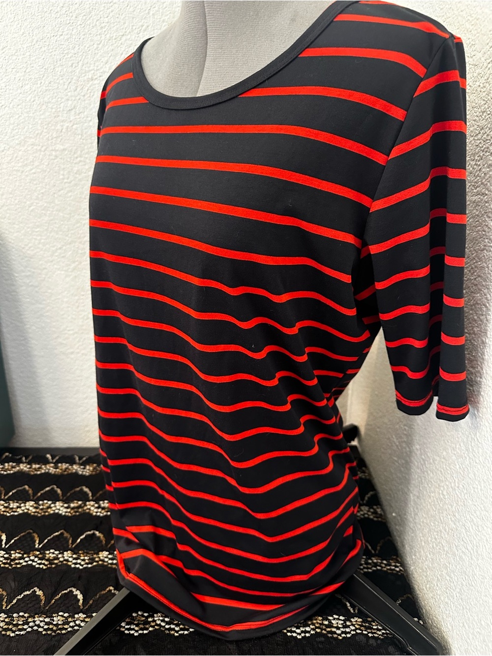 LuLaRoe Black and Red Short Sleeve Striped Tee
